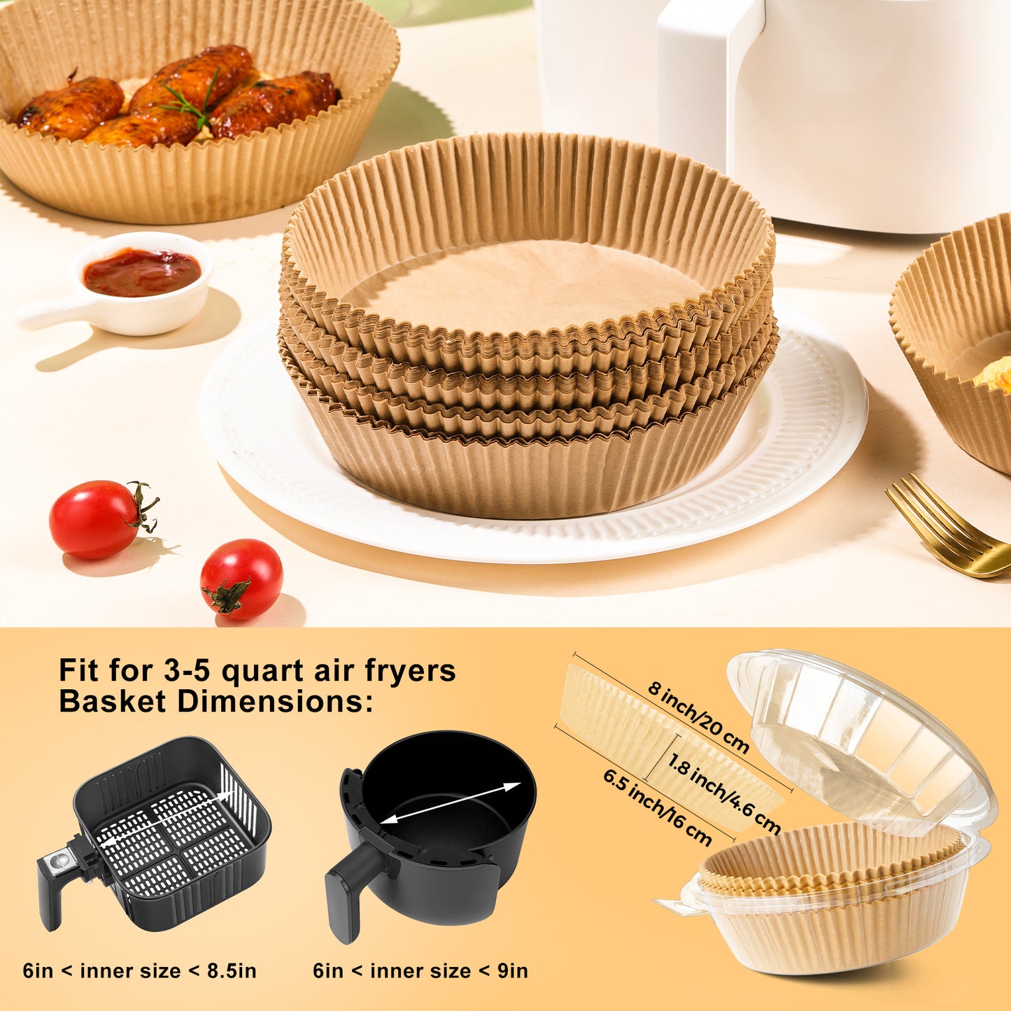 Air Fryer Liners Disposable Round 6.5Inch, 100PCS Airfryer Parchment Paper, Non-Stick, Oil-Proof, Food Grade Baking Paper