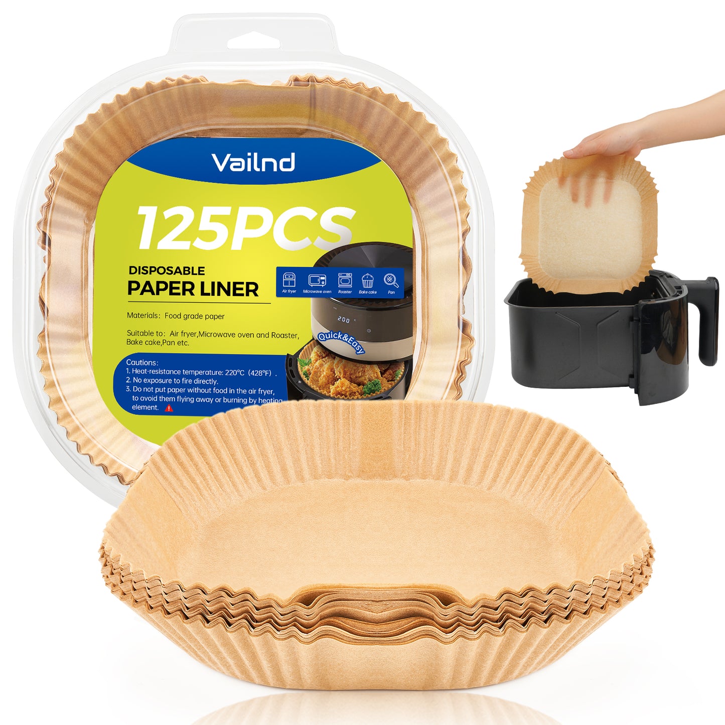 Vailnd 9inch Square Air Fryer Disposable Paper Liners, 125PCS Non-Stick Food Grade Air Fryer Parchment Liner