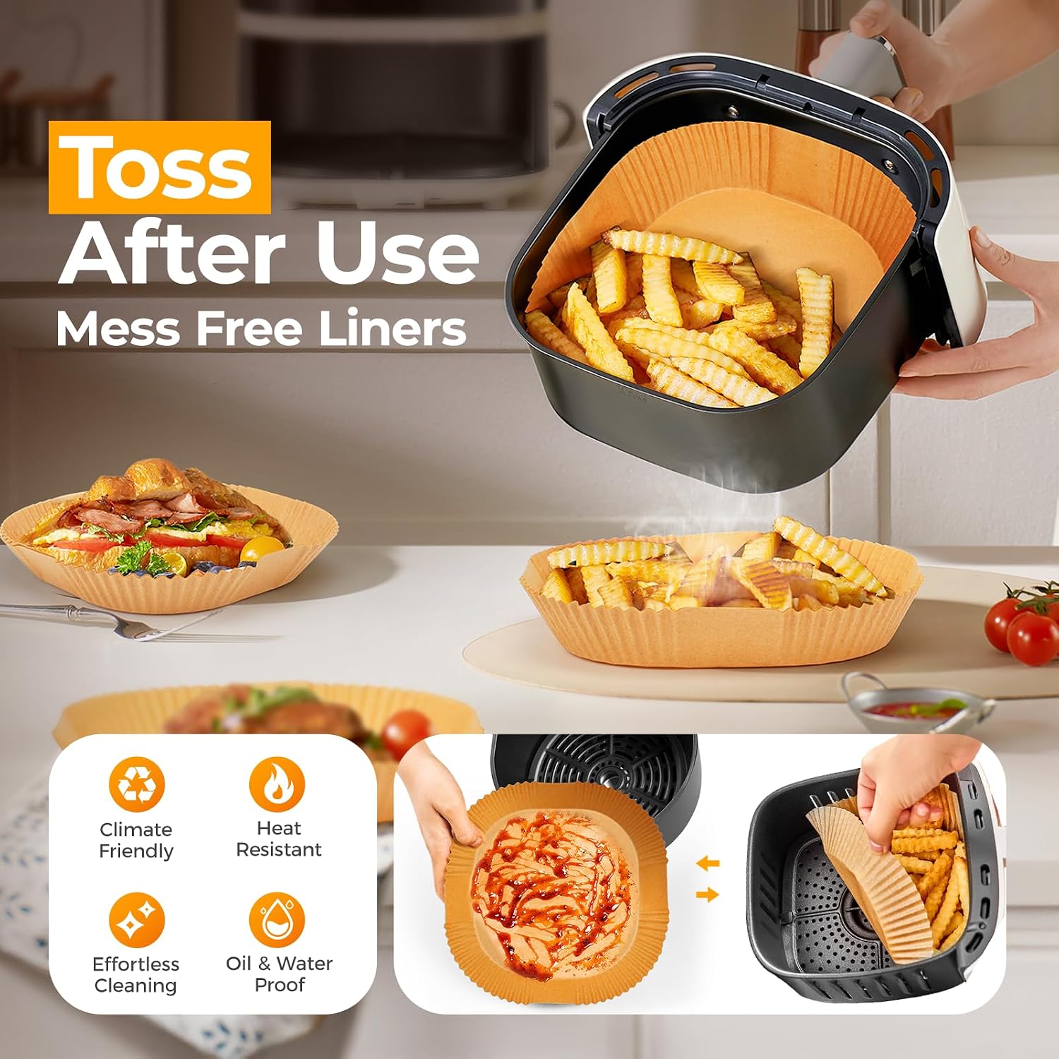 Golden air-fried food in a Vailnd-lined air fryer basket