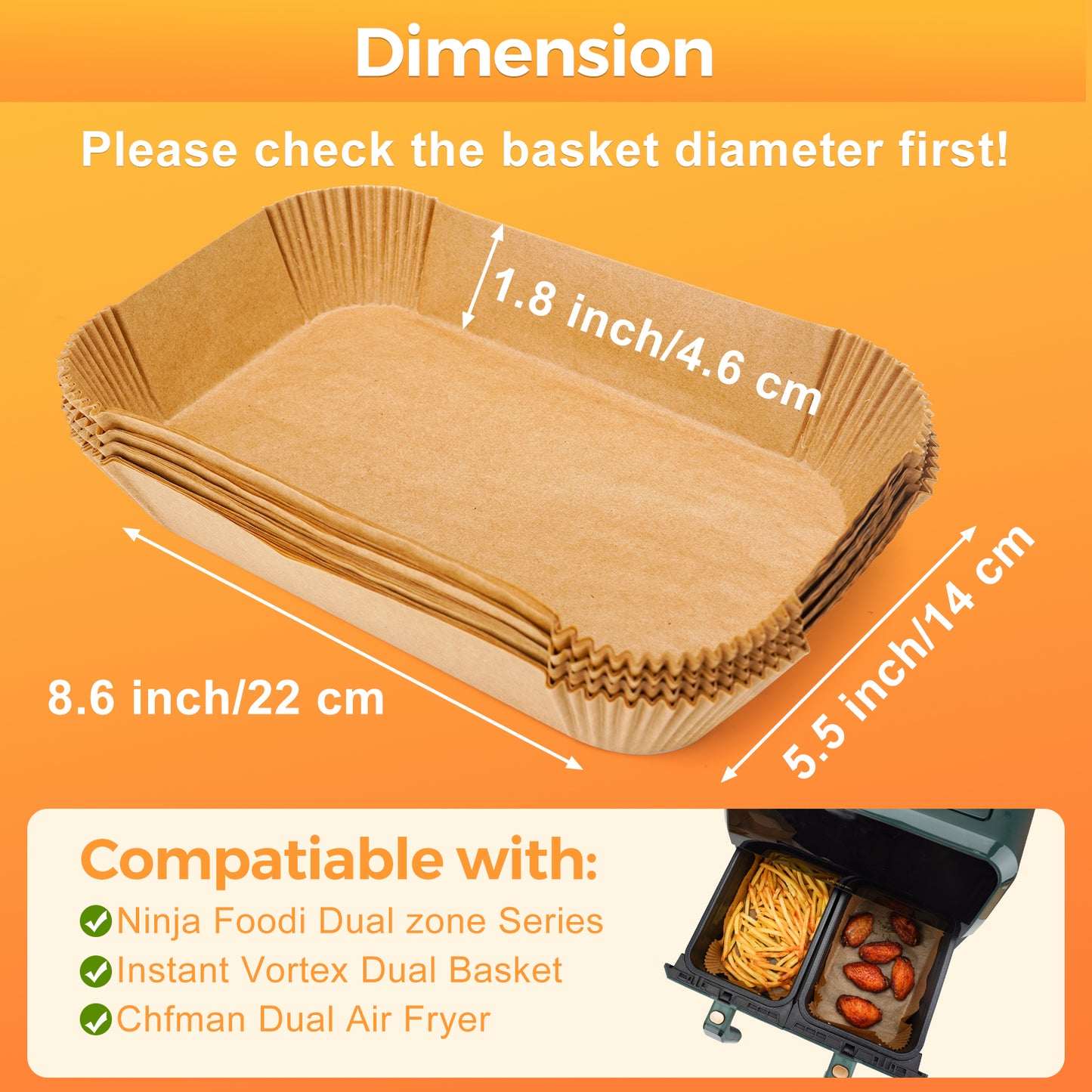 Air Fryer Liners Disposable, 125Pcs 8.6x5.5 Inch Rectangle Parchment Paper Liner for Ninja AF300UK AF400UK, Tower/Tefal/COSORI/Instant Pot Dual Zone Air Fryer Accessories