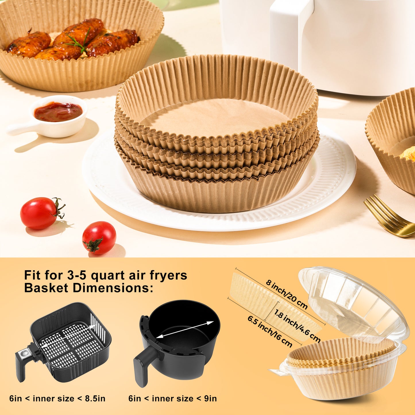 Air Fryer Liners Disposable Round 6.5Inch, 125PCS Airfryer Parchment Paper, Non-Stick, Oil-Proof, Food Grade Baking Paper