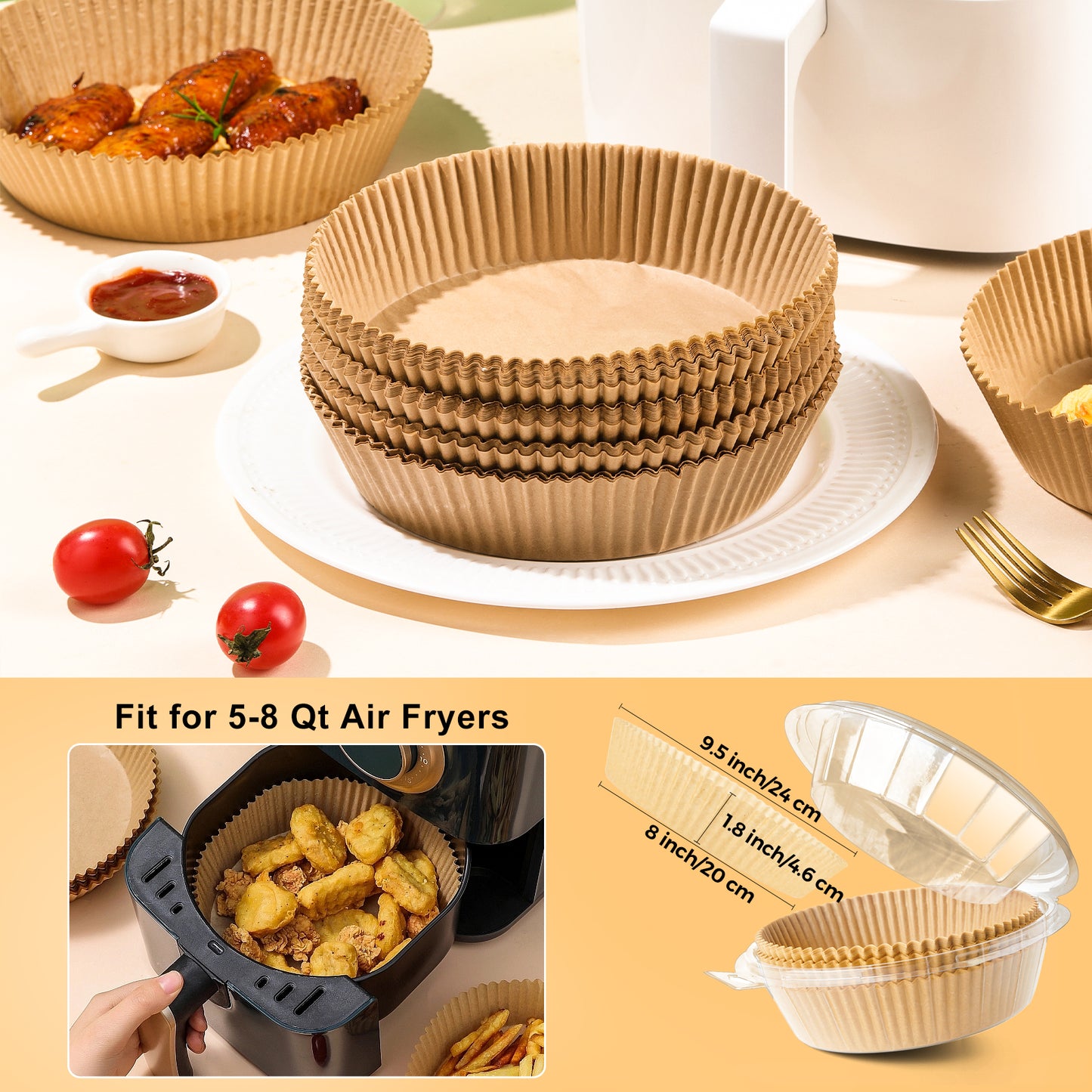 Air Fryer Liners - 125PCS 8Inch Round Disposable Parchment Paper Liners, Non-Stick, Waterproof, Oil-Proof