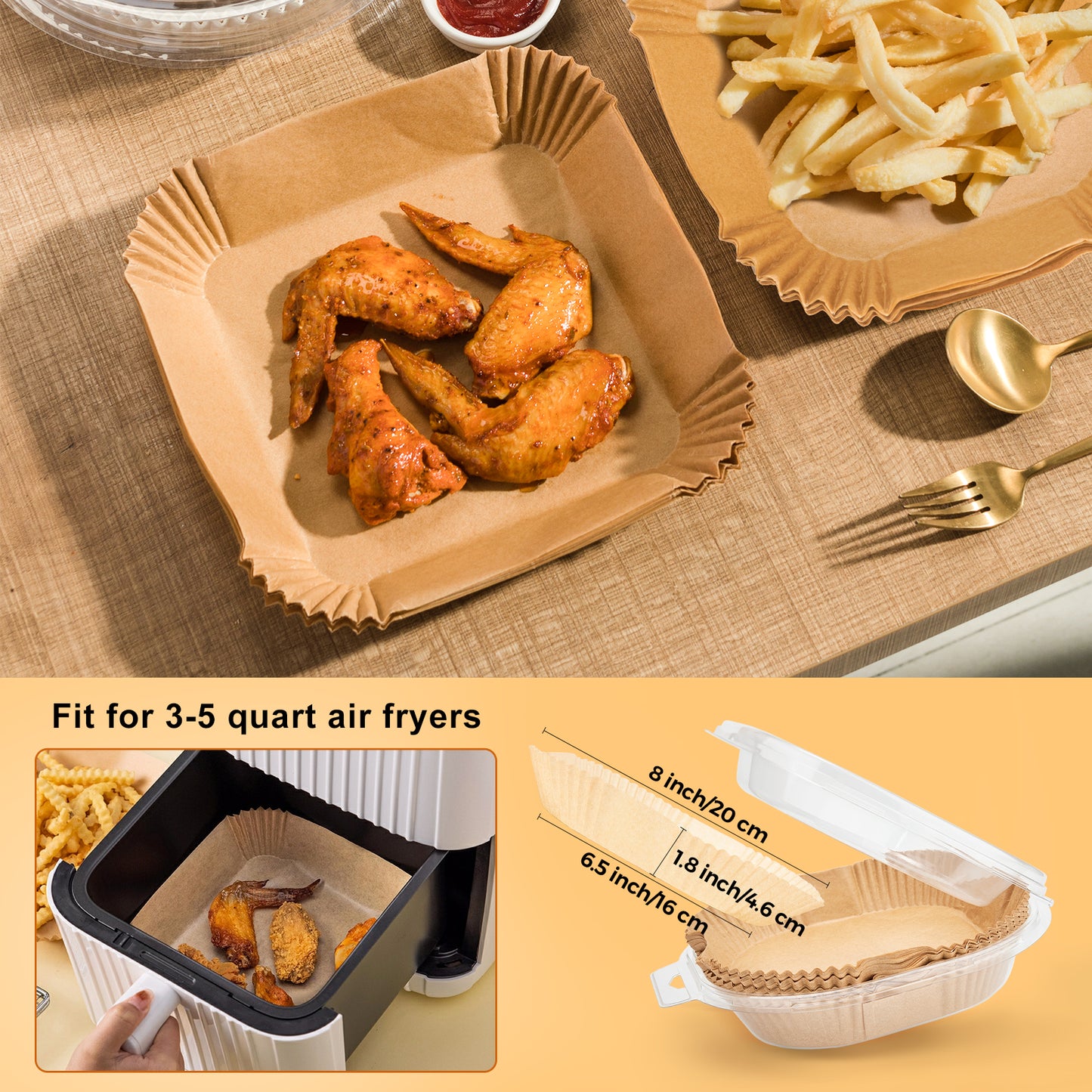 Air Fryer Disposable Liners, 125PCS 6.5Inch Square Parchment Paper for 3 to 5 L/Qt Air Fryer Basket, Non-Stick, Oil-Proof, Food Grade