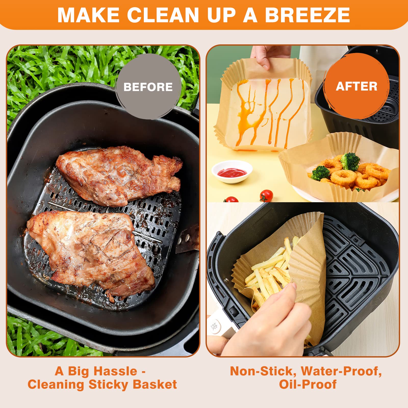 Air Fryer Paper Liners 100PCS - 10 Inch Square Non-Stick Parchment Liners, Oil Proof & Easy Clean